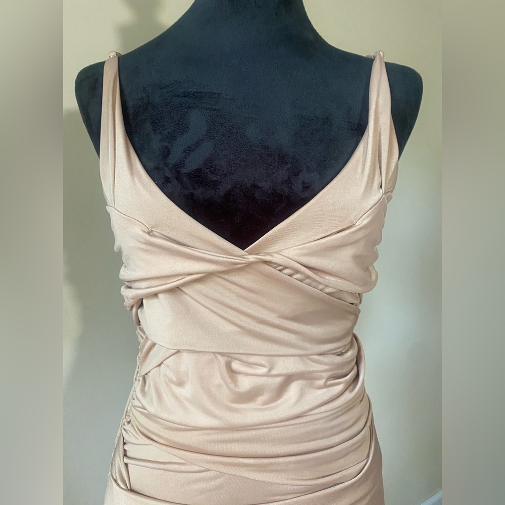 Mother of all midi dress nude bandage ruched strappy cutout size small